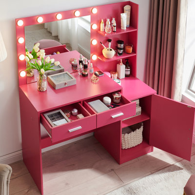 Bureau de coiffeuse avec miroir et lumières, coiffeuse 46,4 po avec 2 grands tiroirs et grand organisateur vertical, commode à 3 niveaux et 3 modes d'éclairage à luminosité réglable, convient à la chambre à coucher (rose)