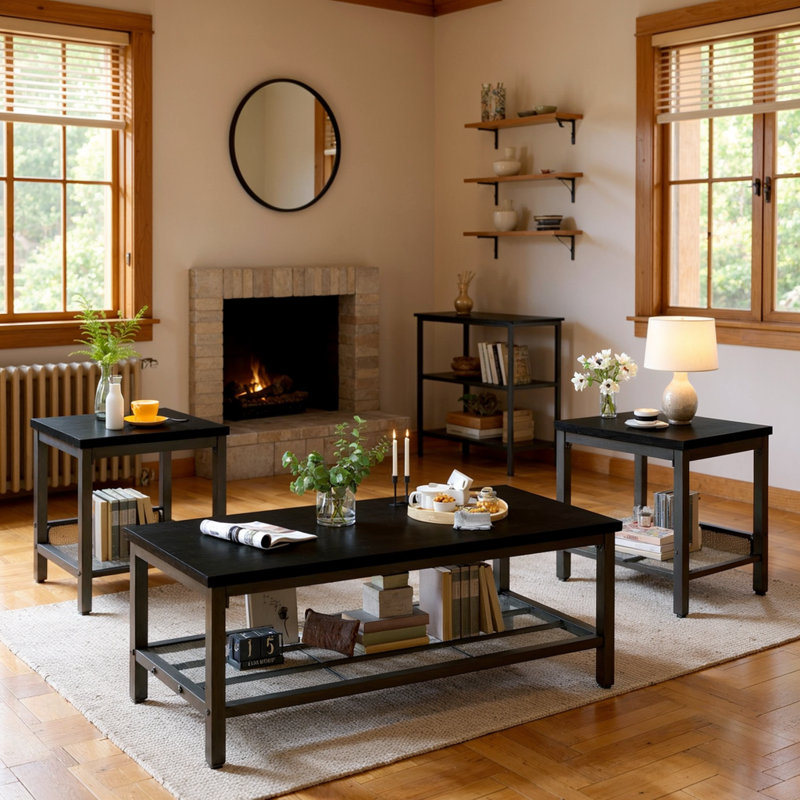 Modern Farmhouse Coffee Table Set Of 3, Rectangular Coffee Table With 2 Square End Side Tables, 2-Tier Living Room Table Set With Metal Frame & Open Shelf For Office, Apartment, Home