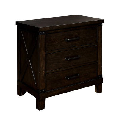 Rustic Bedroom Furniture: Dark Walnut Solid Wood 3 Bedside Table With Black Bar Pulls Finish Nightstand 3 Drawers And Pull Handles