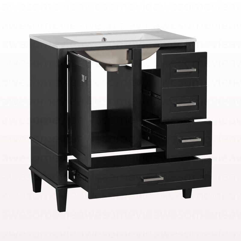 Ensemble de meuble-lavabo moderne avec lavabo 30 po, meuble-lavabo moderne avec porte à fermeture douce et 3 tiroirs, structure en bois massif (noir)