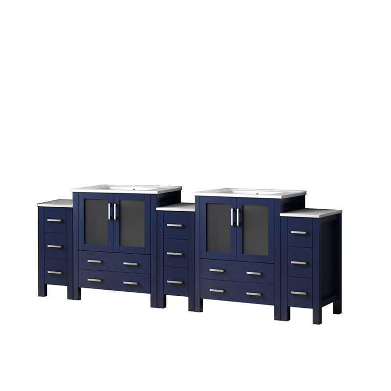 Meuble-lavabo double bleu marine, 96 po Large, 18,25 po de profondeur, plateau en céramique blanche, structure en bois massif, mécanisme de tiroir à fermeture en douceur, armoires intérieures, rangement, comptoir de meuble-lavabo, pré