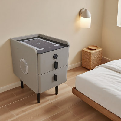 Table de chevet Narrow Smart | Verrouillage d'empreintes digitales + chargement sans fil + haut-parleur Bluetooth | Conception à deux tiroirs en bois massif gris clair