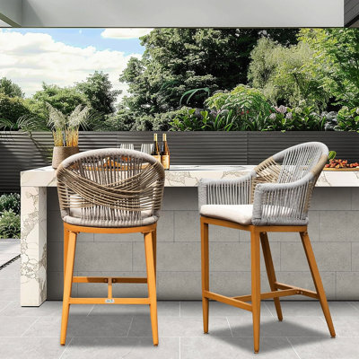 Tabourets de bar avec accoudoirs et 2 coussins - Chaise d'extérieur en corde avec structure en aluminium pour jardin, piscine, terrasse, chaises de comptoir rembourrées, chaises de patio sur pilier, cuisine kaki