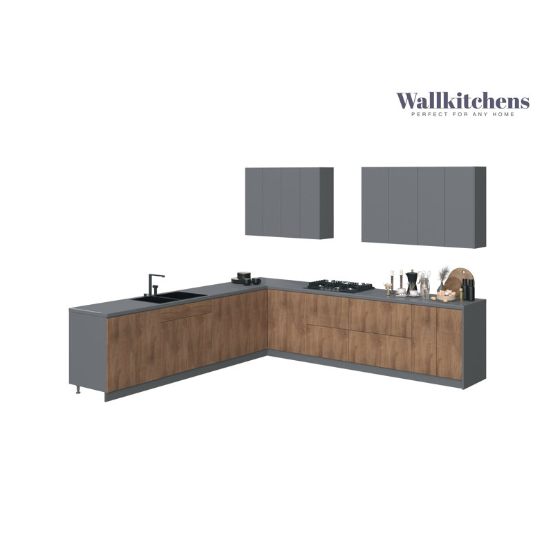 Kitchen Prodigy Collection Natural Teak & White Gloss Colour Base Size 11Ft Wide, Natural Teak/Grey