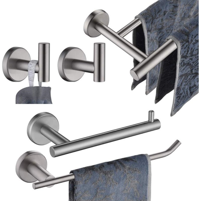 5-Piece Bathroom Hardware Set - Stainless Steel Wall Mounted Towel Bar, Hand Towel Holder, Toilet Paper Holder & 2 Hooks - Space Saving Design