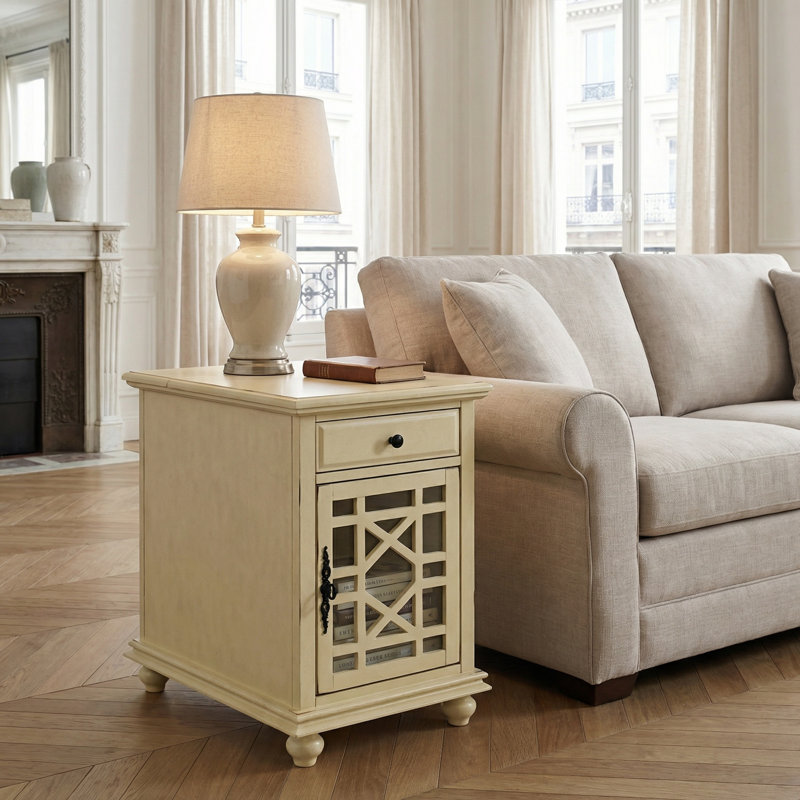 Table de bout Ahmara avec rangement et prises intégrées, Blanc crème antique