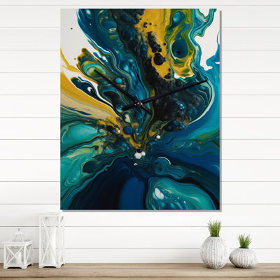 Horloge murale abstraite bleu sarcelle et jaune