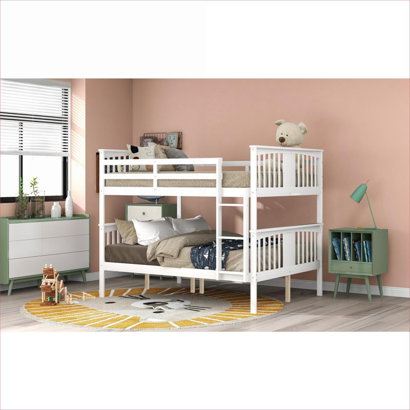 Deux lits simples superposés avec lit plateforme, meubles compacts en bois massif de couleur blanche pour la chambre à coucher et la chambre d'amis