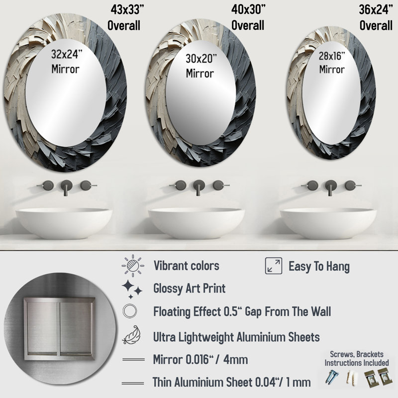 Mouvement méditatif gris beige III - Miroir décoratif abstrait ovale sur métal, 40 po x 30 po