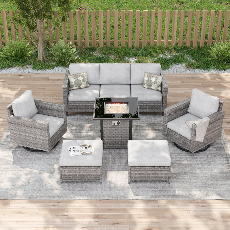 Ensemble de canapés de patio 6 pièces avec table de foyer 28 po, chaises berçantes pivotantes en osier de rotin PE pour patio, terrasse et cour