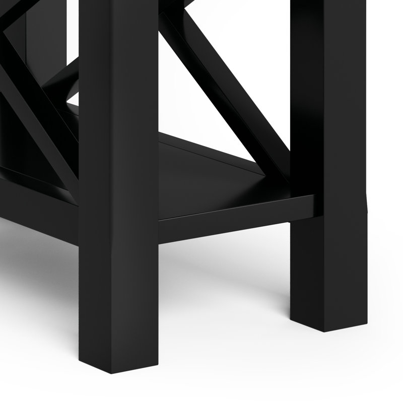 Kitchener 14"W Solid Wood Contemporary Narrow Rectangular End Table with Drawer, Open Shelf and X-Design, Black