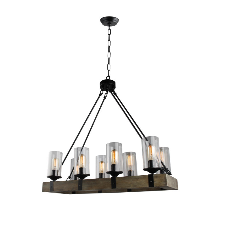 Lustre 8 lumières façon bougie au fini noir et verre transparent