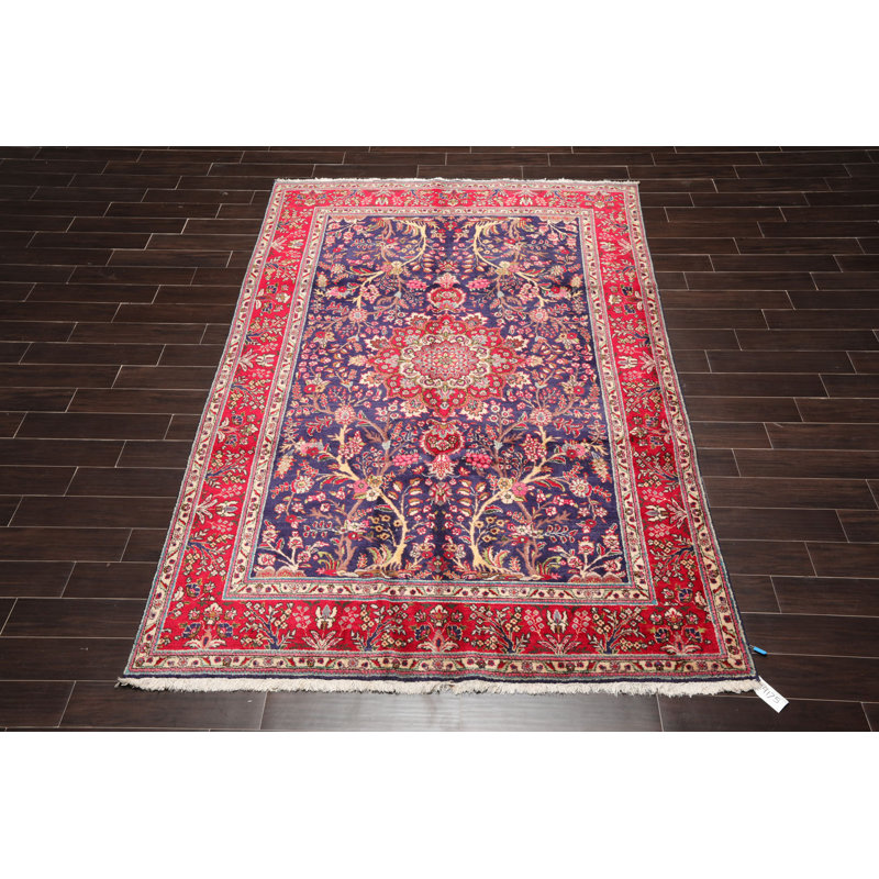 Tapis unique en laine noué à la main de 6 pi 6 po x 9 pi 10 po bleu / rouge / ivoire Juuli