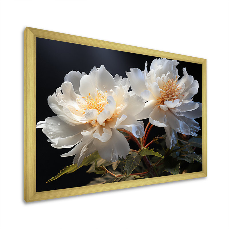 White Pivoines, impression romantique III sur toile, H 34 po x l 44 po x P 1,5 po, Cadre doré simple