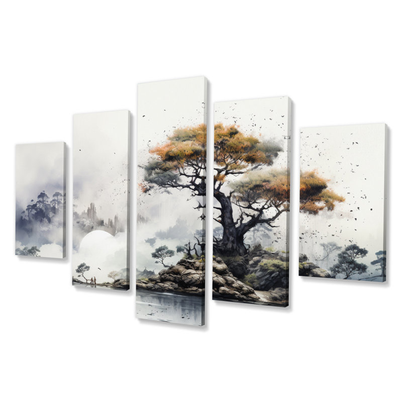 «Gray Tree Ink Harmony», impression d'art mural arbres du paysage - 5 panneaux