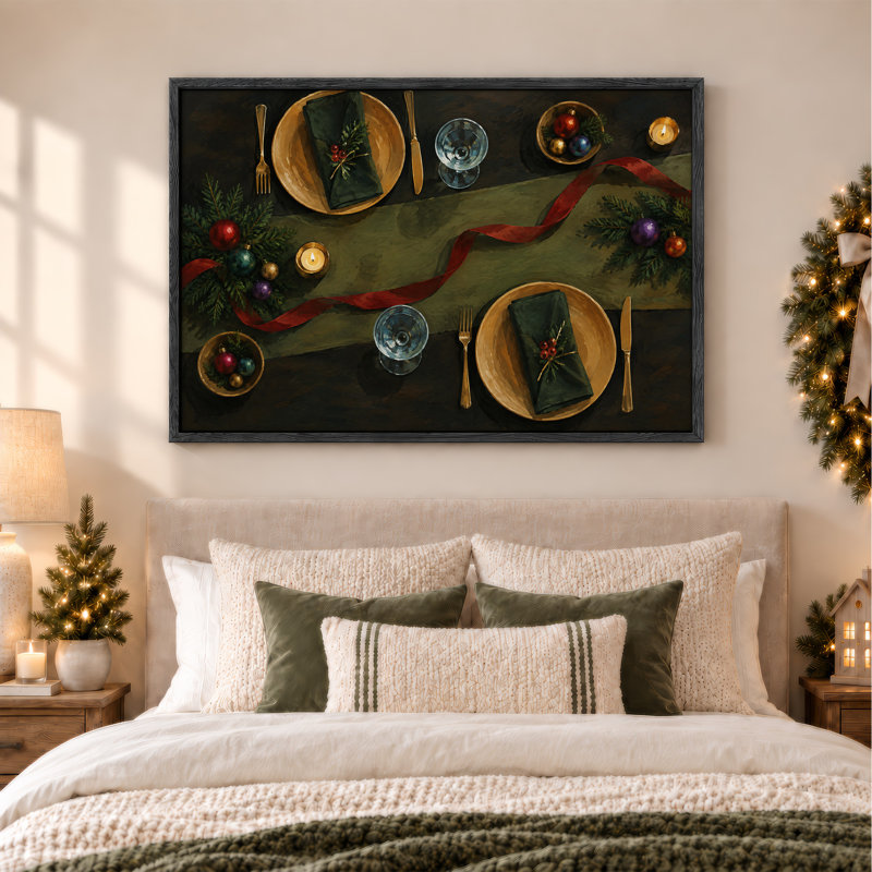Décoration de table des fêtes avec chemin de table vert et toile de Noël rouge, 32"H x 48"W
