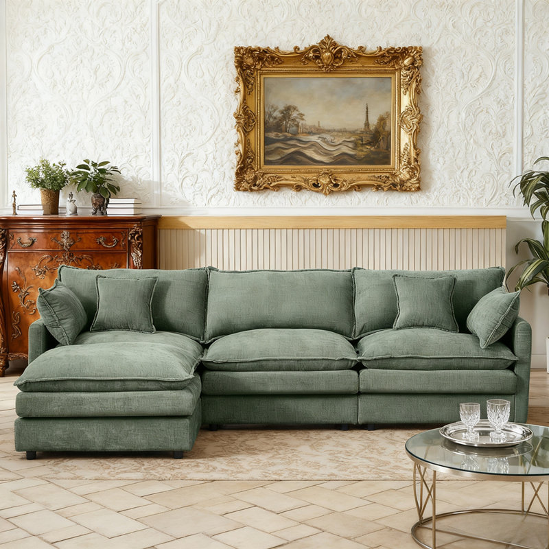 Canapé 3 places en tissu d'ameublement en chenille avec repose-pieds Cloud, Vert menthe