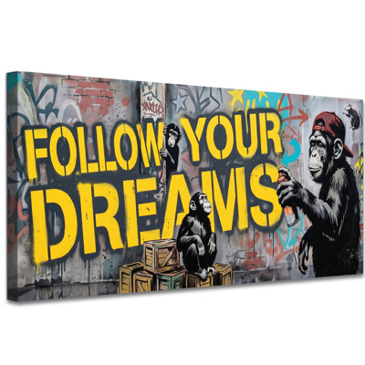 «Follow Your Dreams» singe, art mural sur toile, art urbain urbain, décoration murale avec peinture à l'aérosol de chimpanzé, peinture pour chambre à coucher, bureau, chambre d'enfant, toile tendue, 24 po x 48 po