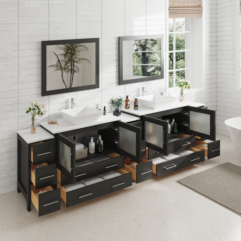 Ravenna 108" Freestanding Double Sink Bathroom Vanity with Engineered Marble Top and Matching Mirrors, Espresso
