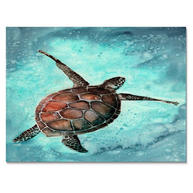 Tortue de mer colorée nageant dans l'océan - reproduction sur toile, H 24 po x l 32 po, Toile tendue
