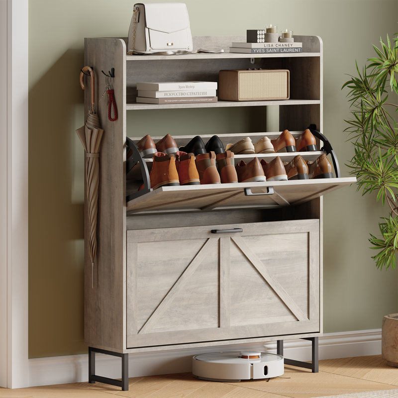 20-Pair Shoe Storage Cabinet with 2 Flip-Down Drawers, 2 Shelves & Adjustable Shelves, Side Hooks, Gray/Black
