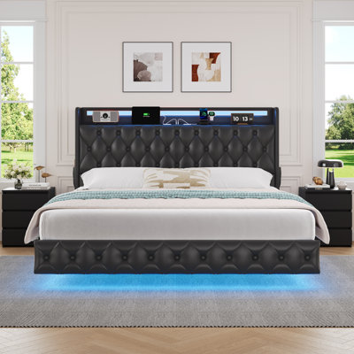 3-Piece Bedroom Sets, LED Floating Bed With Charging Port, 2  Nightstands