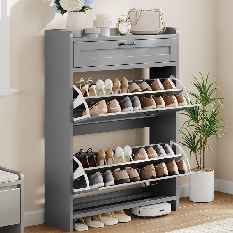 Shoe Cabinet with 2 Flip Drawers & Top Drawer, High-Gloss Hidden Entryway Shoe Storage Organizer, Gray