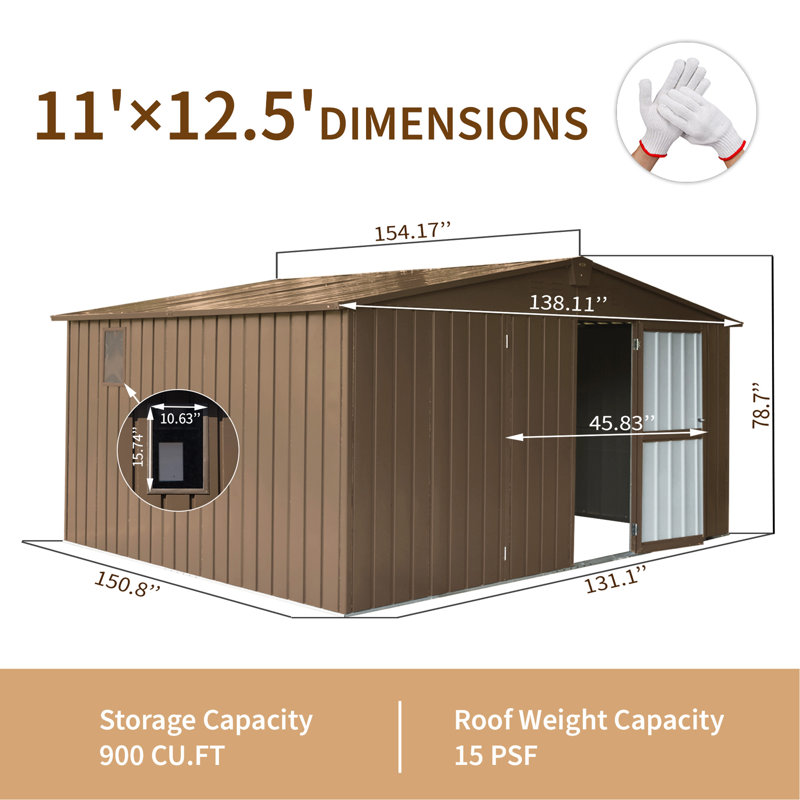 Metal Storage Shed, Brown, 78.7" H x 138.11" W x 109.88" D
