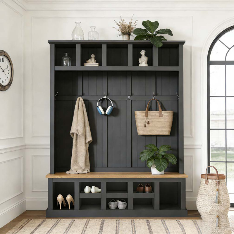 78''H Hall Tree with Wide Storage Seating Bench, Black