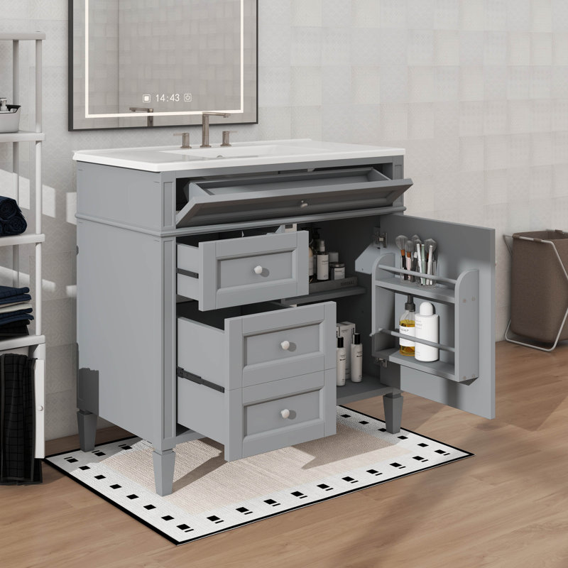 Meuble-lavabo de 36 pouces avec lavabo sur le dessus, unité de rangement contemporaine avec 2 tiroirs et tiroir basculant
