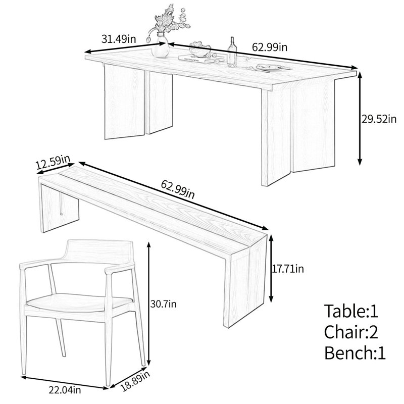 Elegant and durable solid wood table set, 29.52"H x 62.99"L x 31.49"W