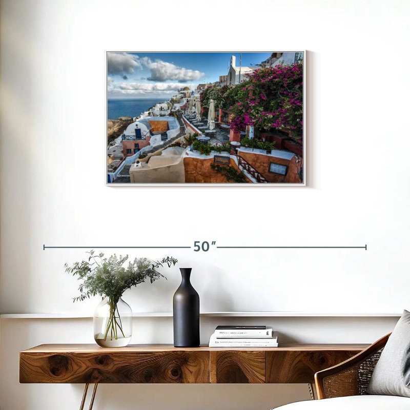 Bougainvilliers et cafés à Oia Santorini, Cadre flottant blanc, 31 po x 21 po