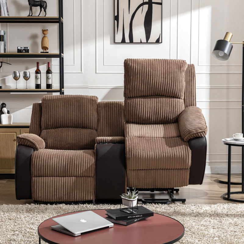 Mitrita 2 Seater Rise Recliner Upholstered Loveseat Sofa with Drinks Console, Brown, Dual Motor
