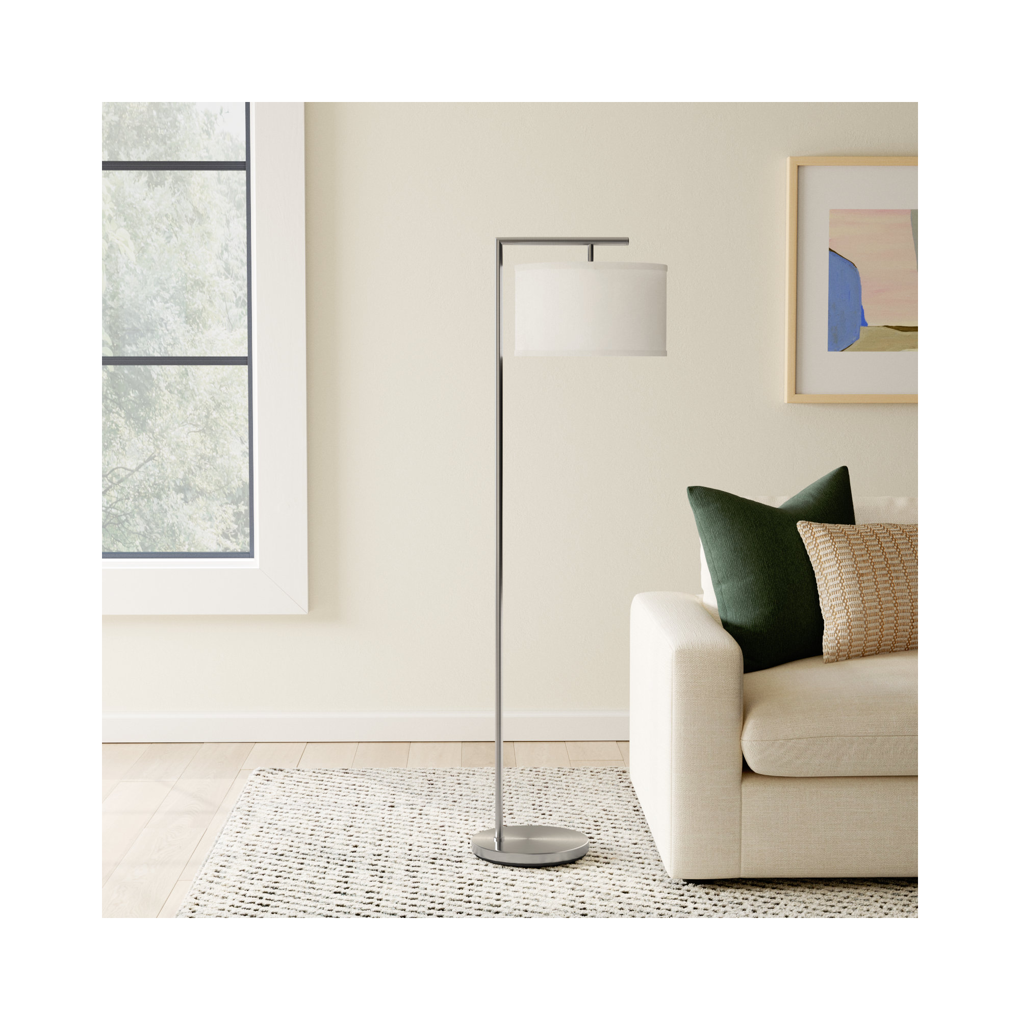 Montage Modern 60 in. Mid-Century Modern LED Floor Lamp with Fabric Drum Shade, Silver, White