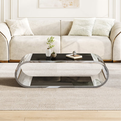 57" Stainless With Glass Coffee Table, Modern Coffee Table For Living Room, 2-Tier Glass Top With Large Space Fashion Design