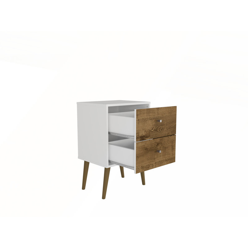 Table de chevet moderne à 2 tiroirs Liberty de l 18 po de style Mid-Century blanc et brun rustique, Blanc / Brun rustique