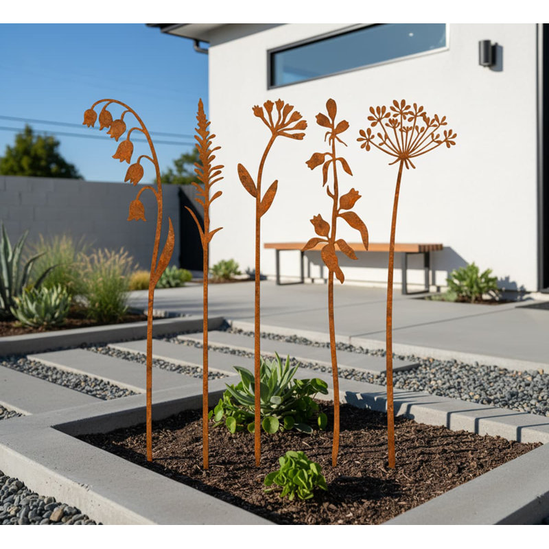Vintage Metal Flower Garden Stakes - Set of 5 Outdoor Decorative Yard Art