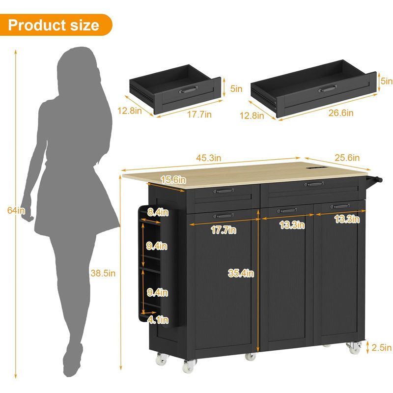 Rolling Kitchen Island With Power Outlet & Drop Leaf, Kitchen Island Cart, Black