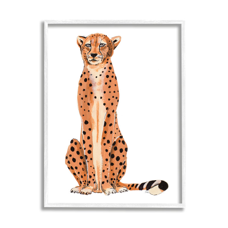 Guépard assis avec des taches noires et oranges - Peinture, H 30 po x l 24 po x l 1,5 po, Giclée encadrée blanc bord de mer