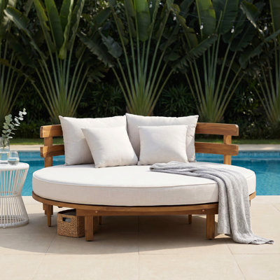 Lit de jour rond en bois pour l'extérieur, chaise longue avec coussin et 4 coussins pour la cour arrière, près de la piscine