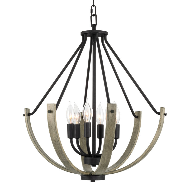 23.5" 6-Light Modern Farmhouse Pendant Chandelier, Open Frame Design, Black Accents + Gray Oak Wood Finish