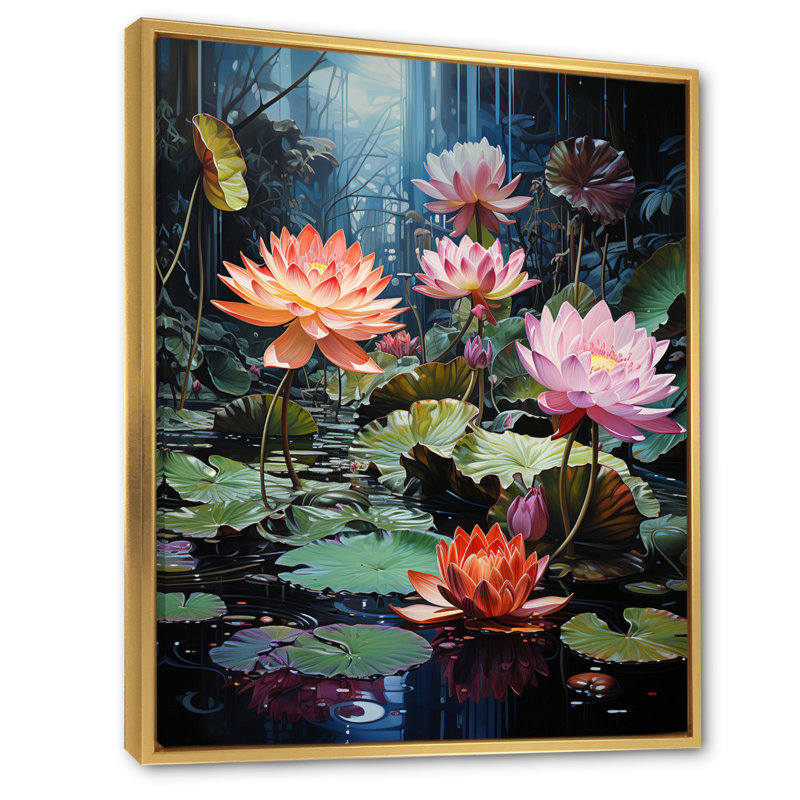 Japon Art Lotus Pond - impressions sur toile florales, H 32 po x l 24 po x P 1 po, Cadre flottant doré