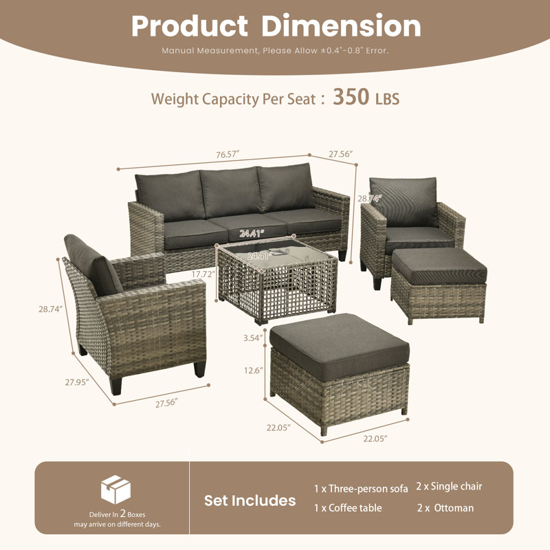 Wicker Patio Outdoor Furniture Set, 6 Piece Rattan Guest Sofa Chair Set, Coffee Table With Lamp, Weather Resistant Sofa Set