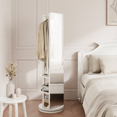 Solid Wood Full Length Mirror | Multifunctional Entryway Organizer with Rack & Hooks | Optional Rotating Base & Casters
