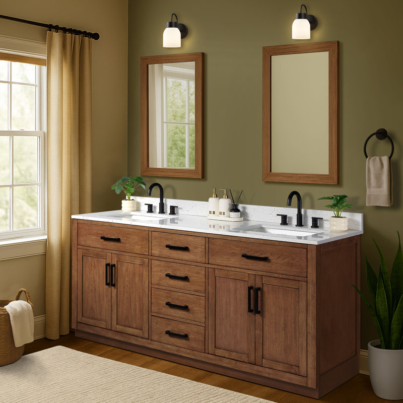 72'' Double Bathroom Vanity with Drawers, Shelf, Outlet, and Engineered Marble Top, 72'', Dark Brown Walnut