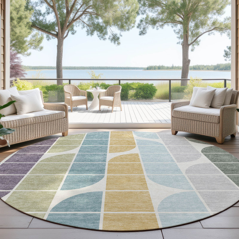 Tapis Mid-Century moderne lavable à la machine intérieur / extérieur Lockway ACN2418, Rond 8 pi