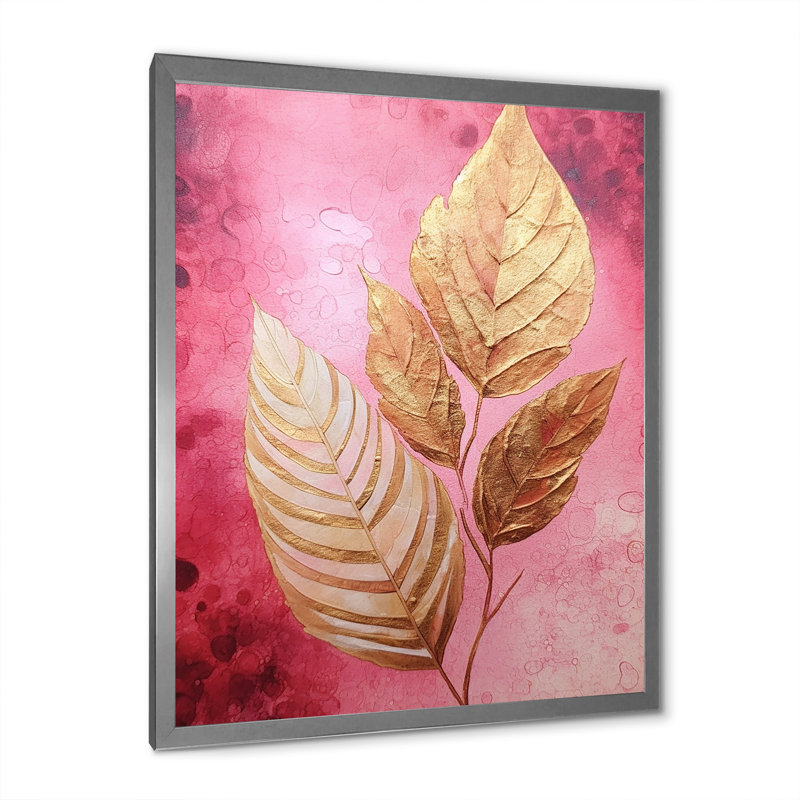 Art mural sur toile botanique, impression de feuille d'or rose - Harmonie des feuilles d'or rose I, Cadre simple argenté