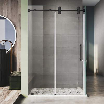 50" to 55" W x 80" H Frameless Sliding Glass Shower Door, Matte Black, 3/8" (10mm) Clear Glass with Enduro Shield, 31-1/8 to 32" Return Panel, Optional U-Channel or Clip Mount UKS04RP-55X32X80-MBL