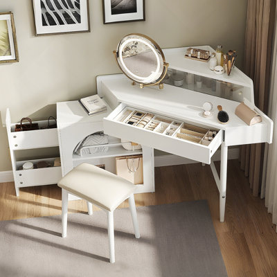 Corner Makeup Vanity Desk With Adjustable Folding Mirror, 3-color Led Lighting, Adequate Storage And Stool