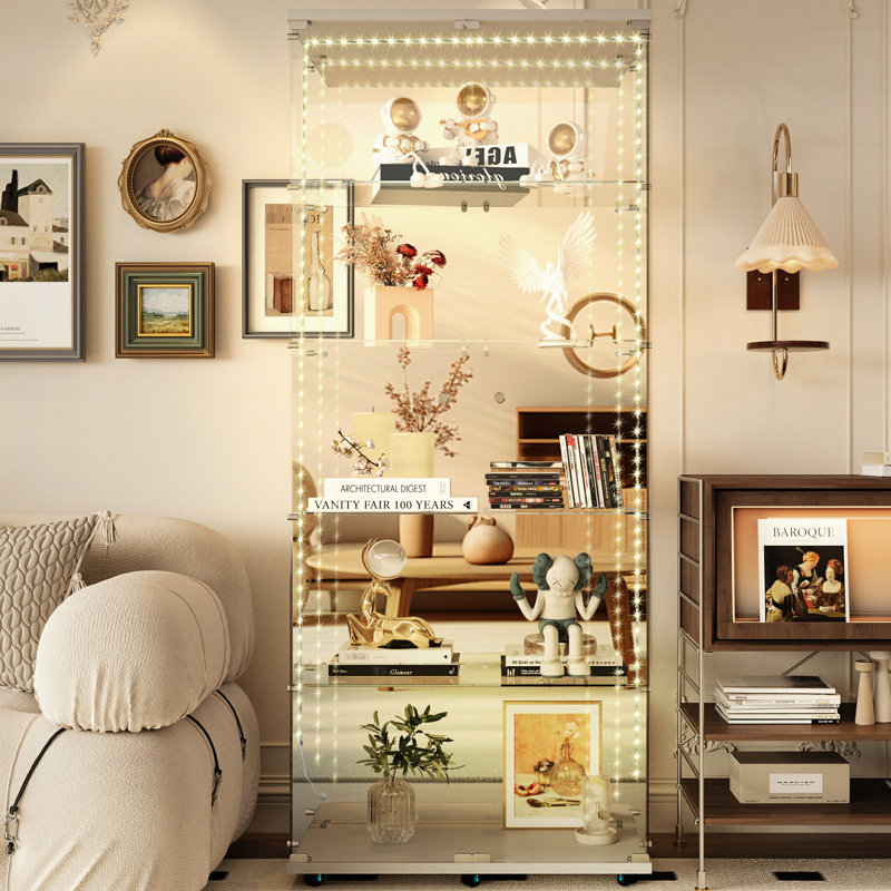 Classeur en verre trempé blanc, bande à DEL, porte verrouillable, dossier en miroir, convenant à un espace de vie principal, profondeur de 30,22 po
